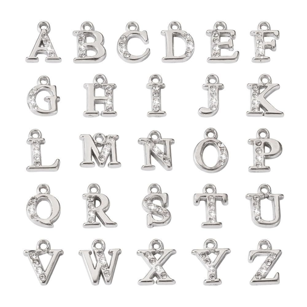 1838 26Pcs Silver Color Crystal Rhinestone Alphabet A-Z Letter Charms